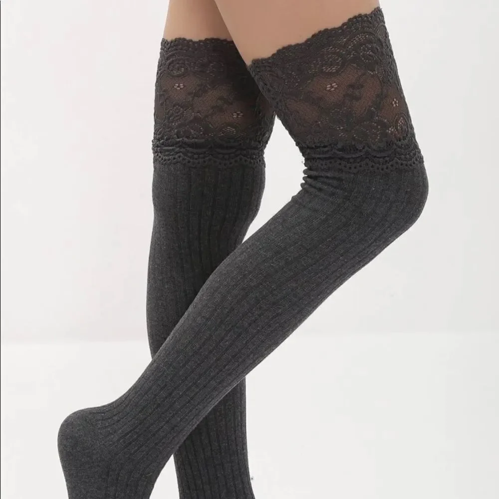 Dark Grey Ruffled Lace Thigh High Socks - Picture 2 of 8